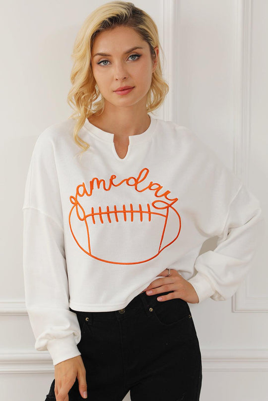 Bright White Game Day Lettering Rugby Notched Neck Sweatshirt - Klazzi Fashion Boutique