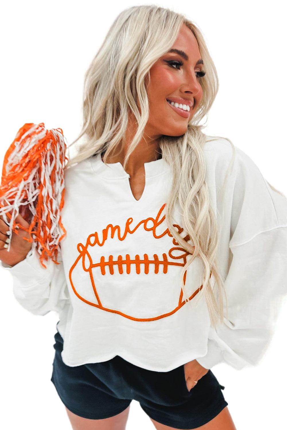 Bright White Game Day Lettering Rugby Notched Neck Sweatshirt - Klazzi Fashion Boutique