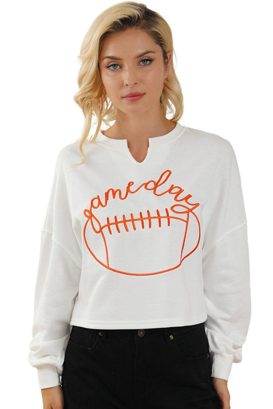 Bright White Game Day Lettering Rugby Notched Neck Sweatshirt - Klazzi Fashion Boutique