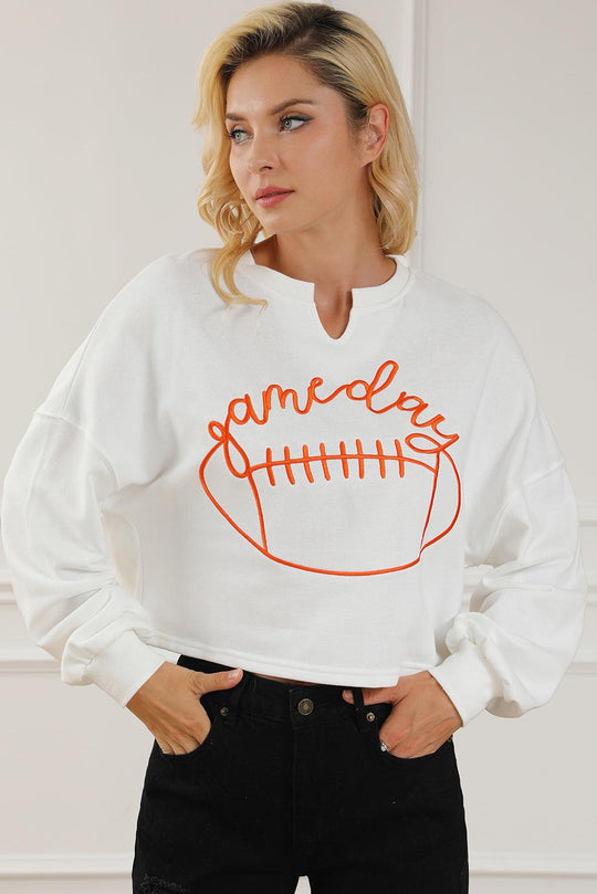 Bright White Game Day Lettering Rugby Notched Neck Sweatshirt - Klazzi Fashion Boutique