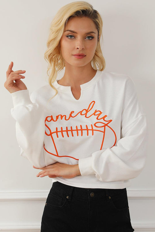 Bright White Game Day Lettering Rugby Notched Neck Sweatshirt - Klazzi Fashion Boutique