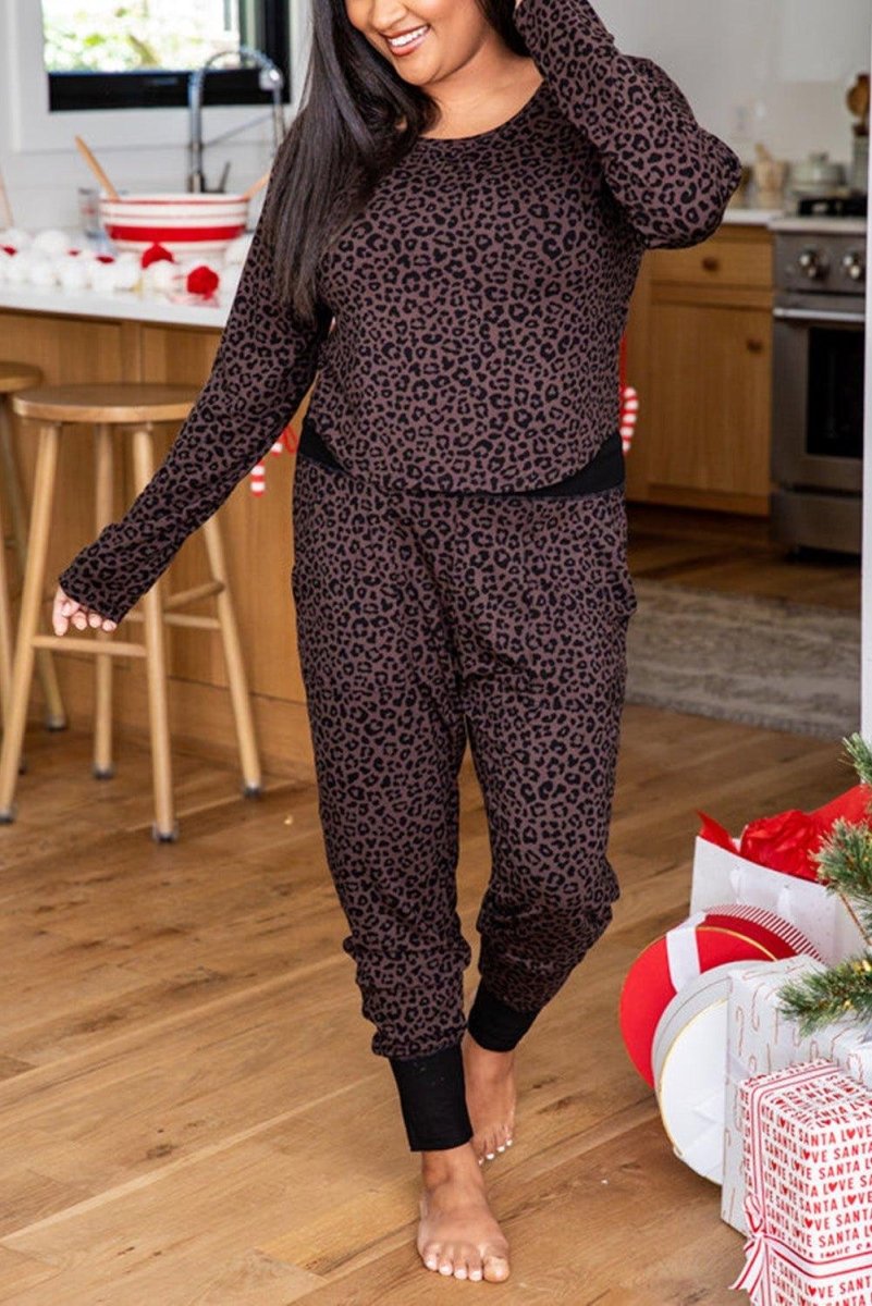 Brown Leopard Lounge Plus Size Pants Set - Klazzi Fashion Boutique