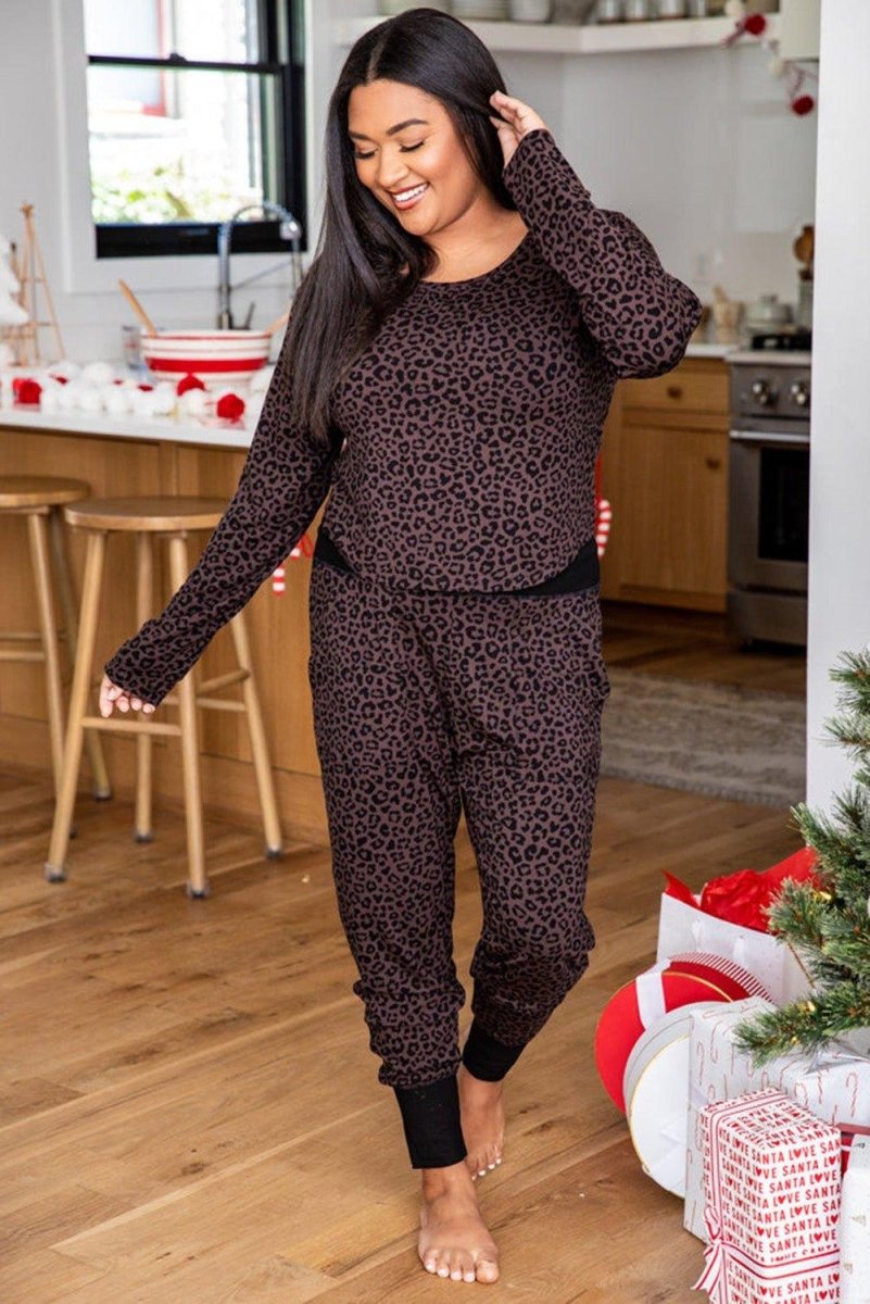 Brown Leopard Lounge Plus Size Pants Set - Klazzi Fashion Boutique