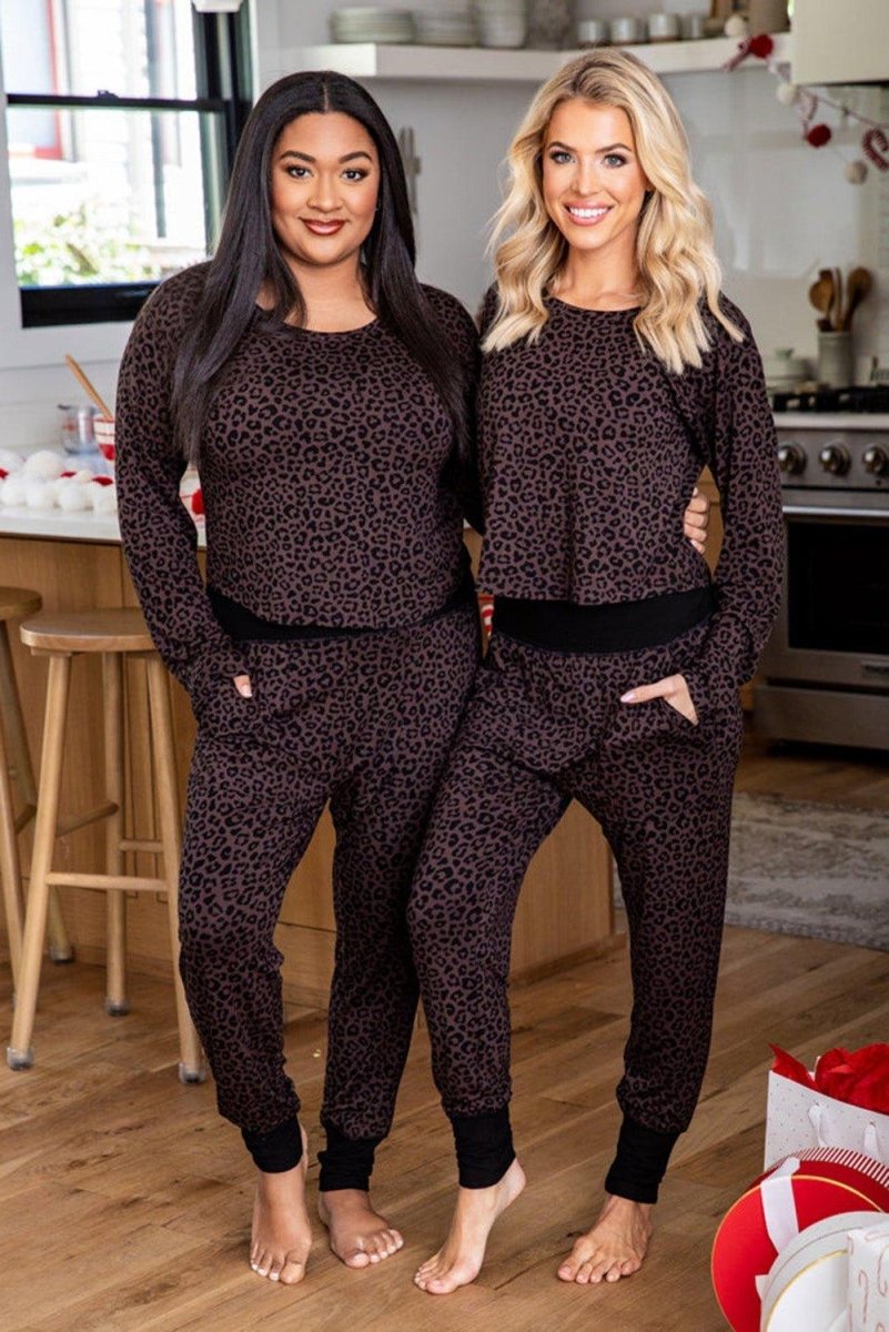 Brown Leopard Lounge Plus Size Pants Set - Klazzi Fashion Boutique