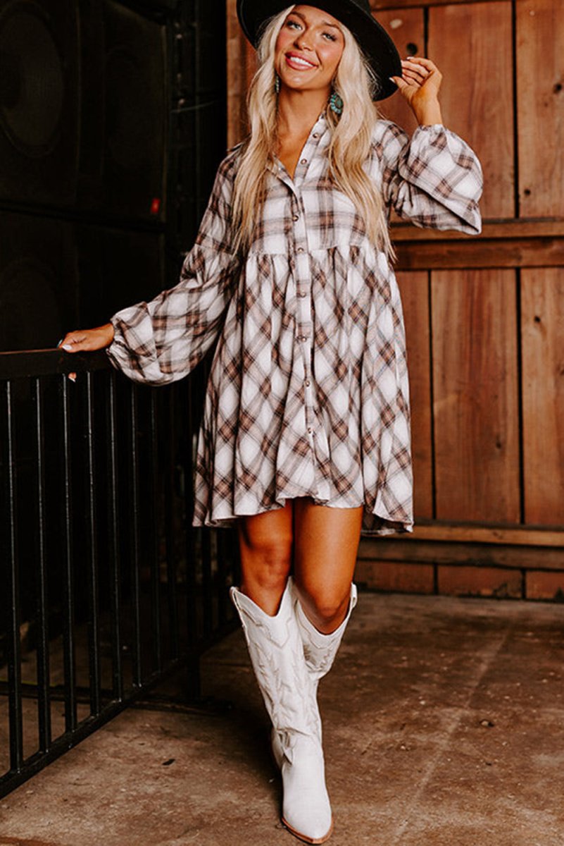 Brown Plaid Bubble Sleeve Shirt Dress - Klazzi Fashion Boutique