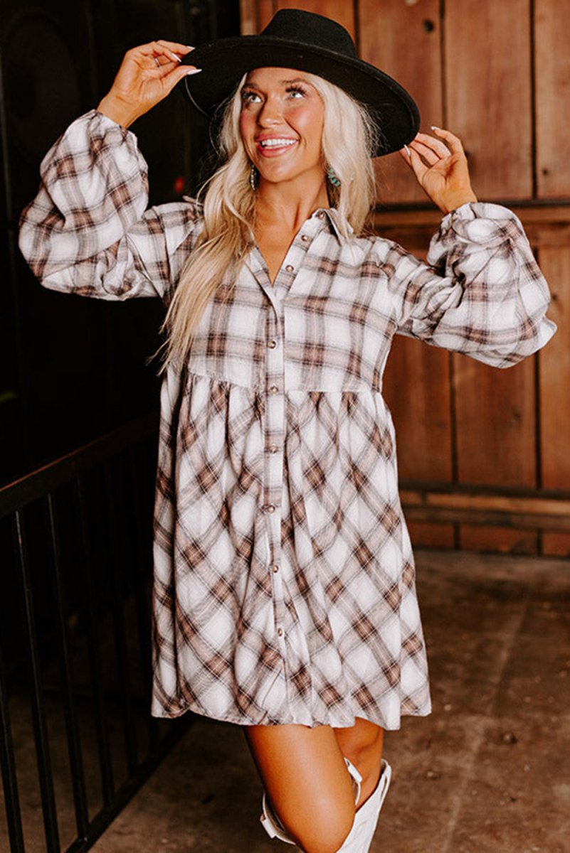 Brown Plaid Bubble Sleeve Shirt Dress - Klazzi Fashion Boutique