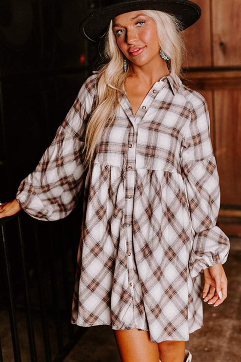 Brown Plaid Bubble Sleeve Shirt Dress - Klazzi Fashion Boutique