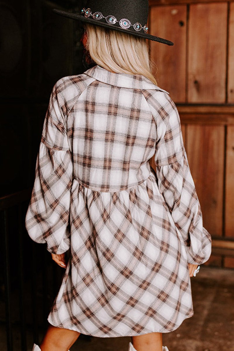 Brown Plaid Bubble Sleeve Shirt Dress - Klazzi Fashion Boutique