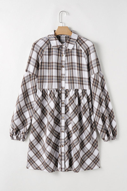 Brown Plaid Bubble Sleeve Shirt Dress - Klazzi Fashion Boutique