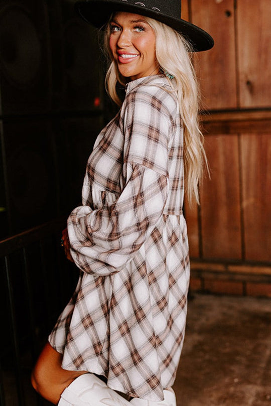 Brown Plaid Bubble Sleeve Shirt Dress - Klazzi Fashion Boutique