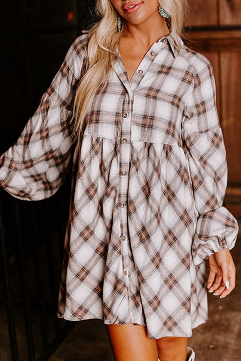 Brown Plaid Bubble Sleeve Shirt Dress - Klazzi Fashion Boutique