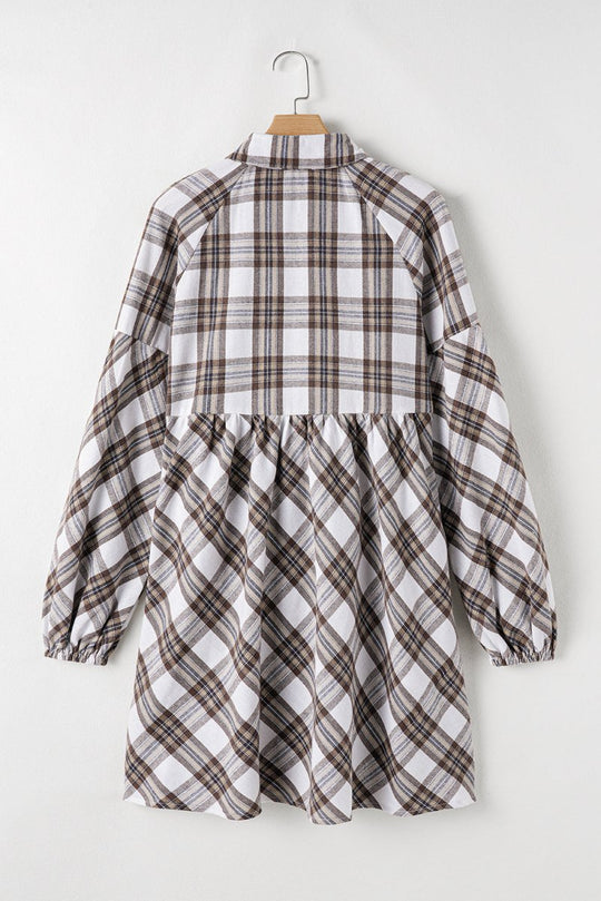 Brown Plaid Bubble Sleeve Shirt Dress - Klazzi Fashion Boutique