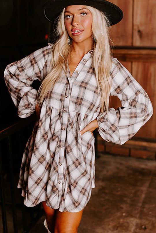 Brown Plaid Bubble Sleeve Shirt Dress - Klazzi Fashion Boutique