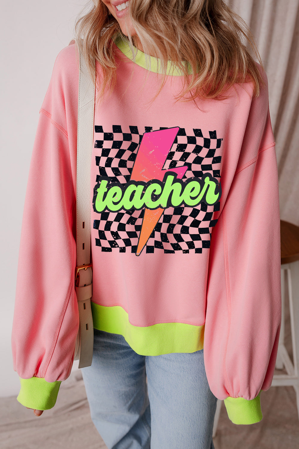 Retro Pink "Teacher" Lightning Checkered Sweatshirt