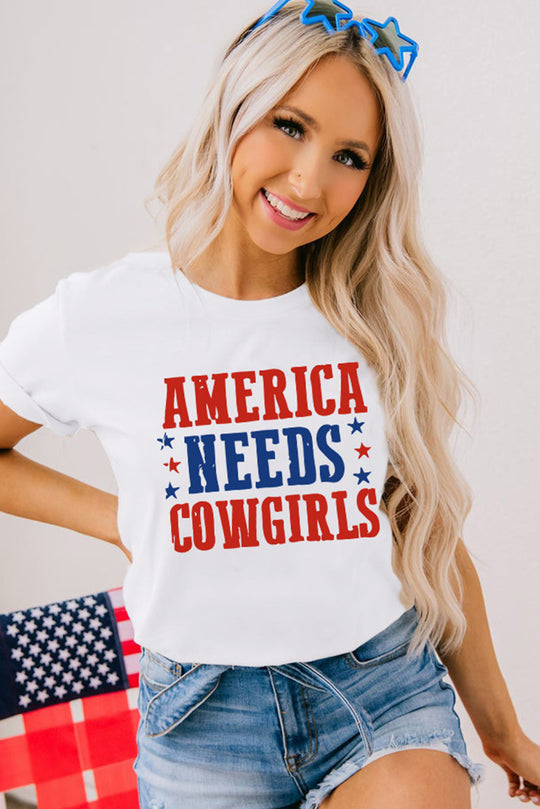 "America Needs Cowgirls" White Graphic T-Shirt