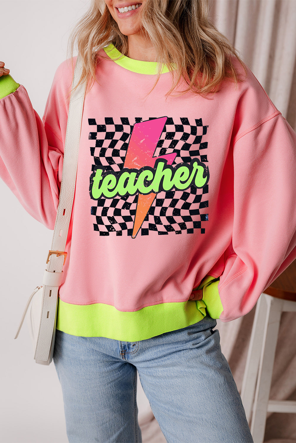 Retro Pink "Teacher" Lightning Checkered Sweatshirt