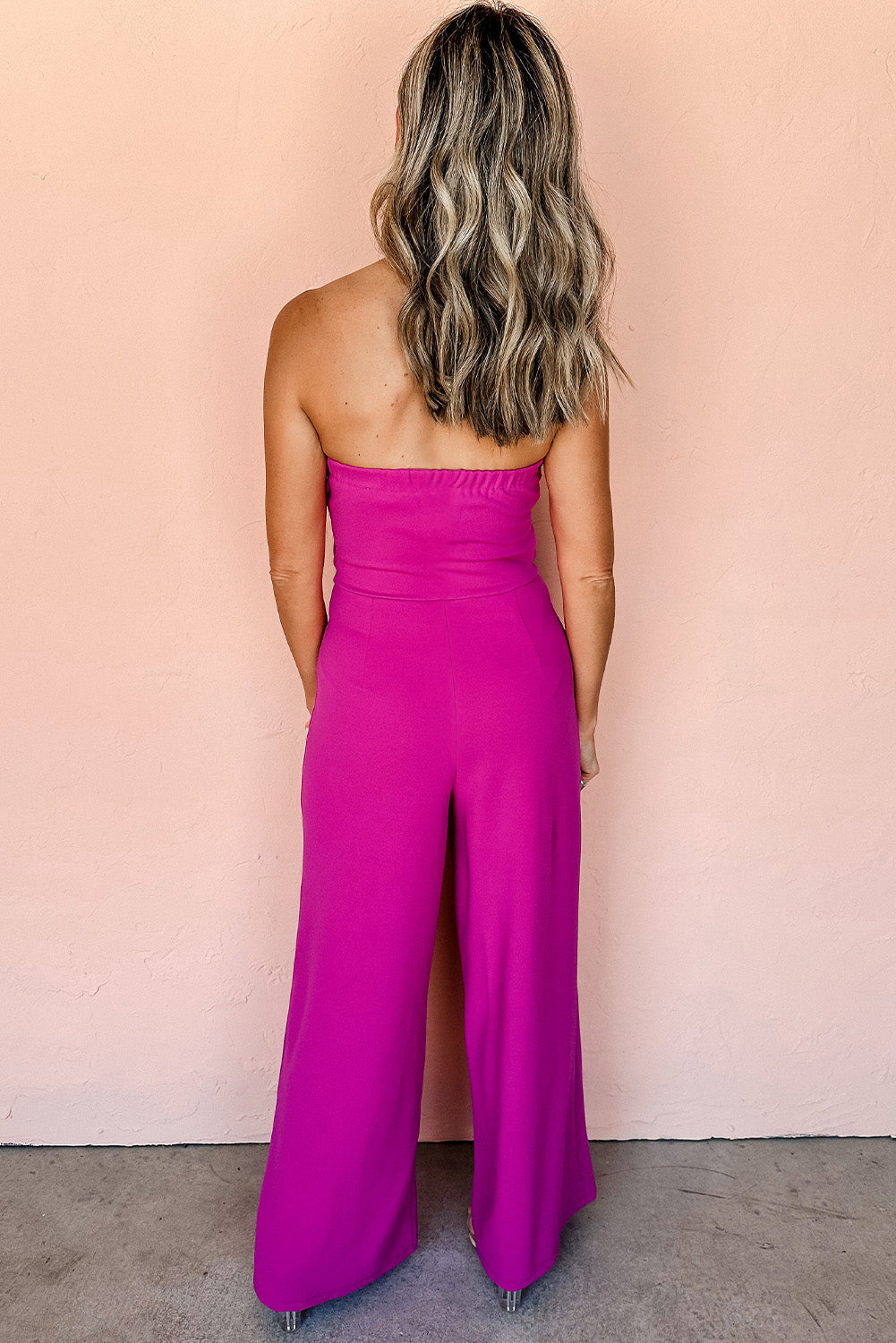  Strapless Pink Bowknot Wide Leg Jumpsuit