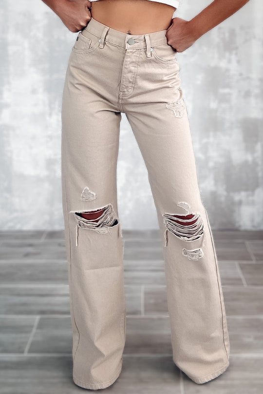 Khaki High Waist Ripped Denim