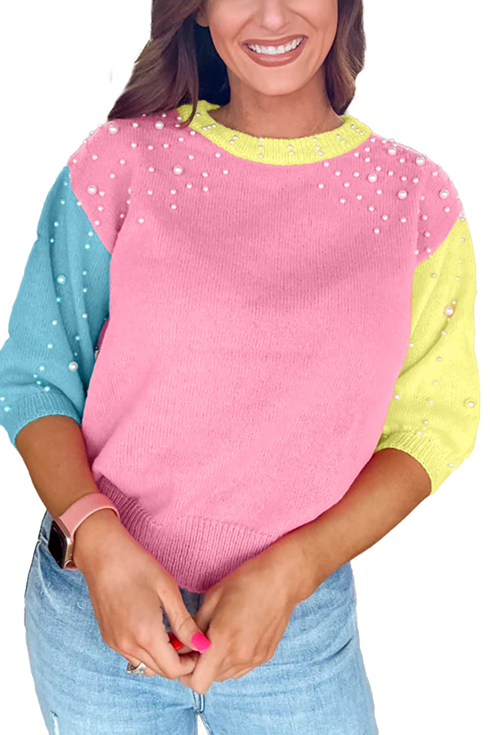 Lacie Pearled Multicolor Half Sleeve Sweater