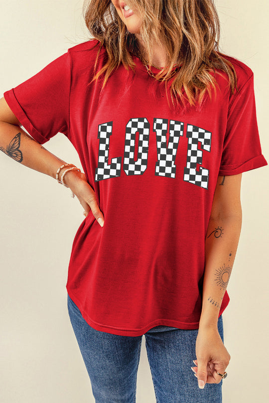  Checkered "LOVE" Red Graphic Valentines T Shirt