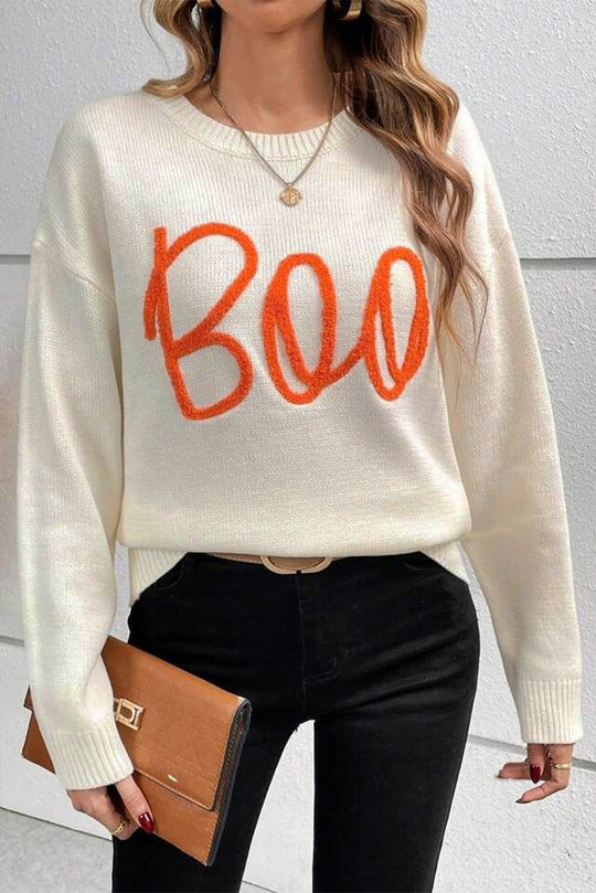 Cream Knitted "Boo" Pattern Sweater