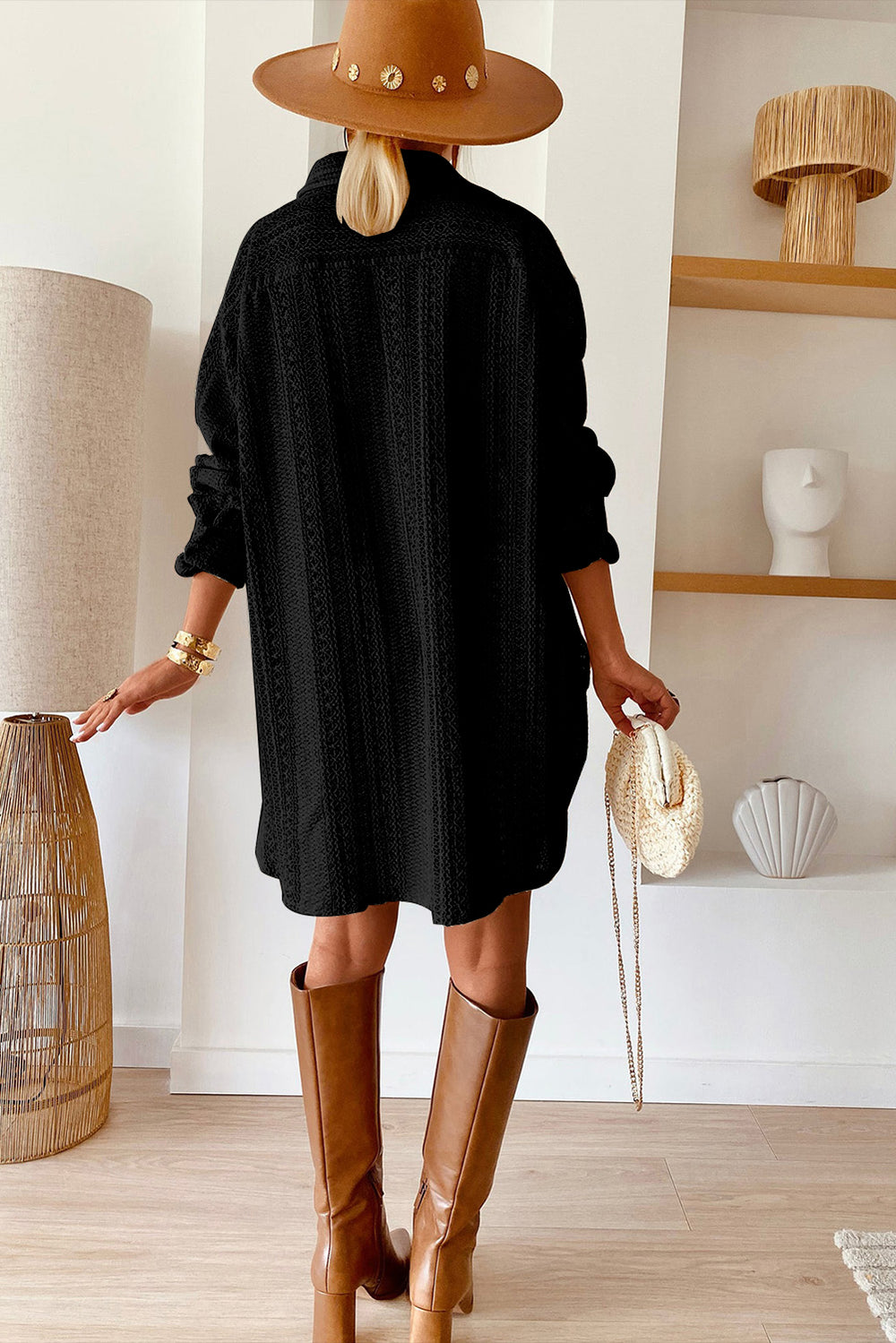 Black Crochet Lace Tunic Oversized Shirt Dress