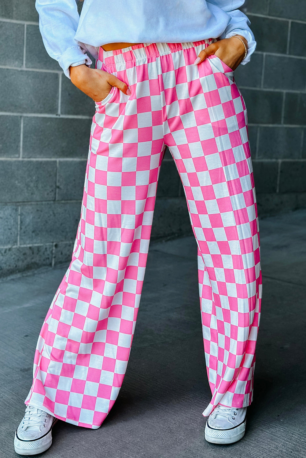 Checked Wide Leg High Waist Pants