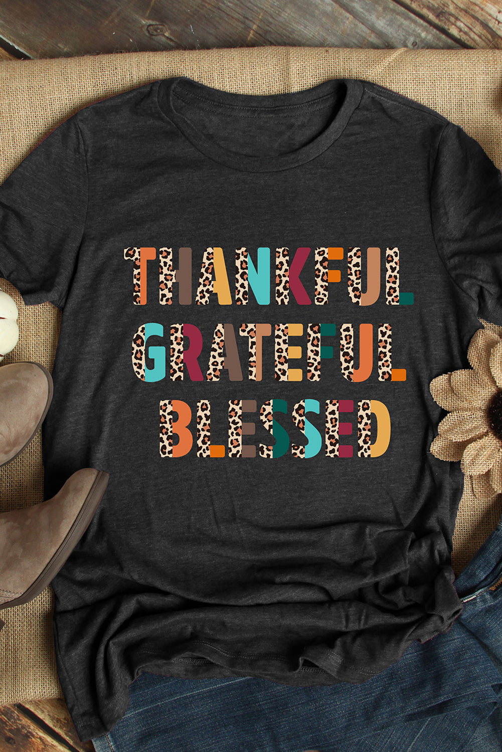 "Thankful Grateful Blessed" Leopard T-Shirt