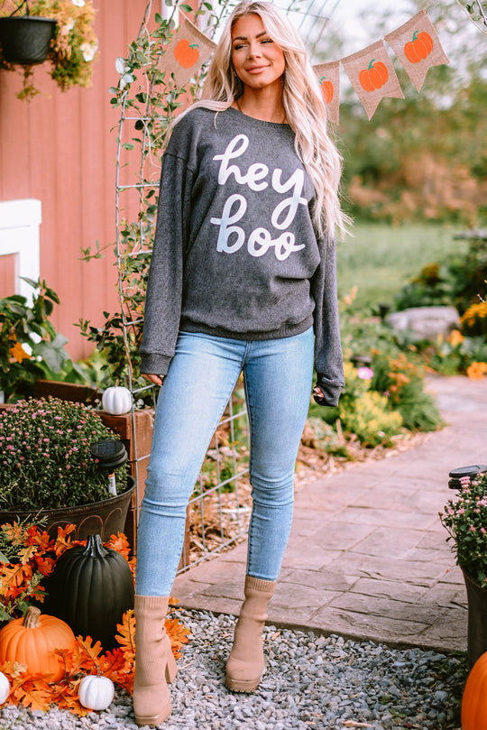 Corduroy Gray "Hey Boo" Graphic Halloween Sweatshirt