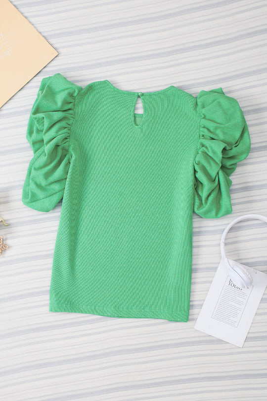 Puffy Ruffle Green Knit Blouse - Klazzi Fashion Boutique