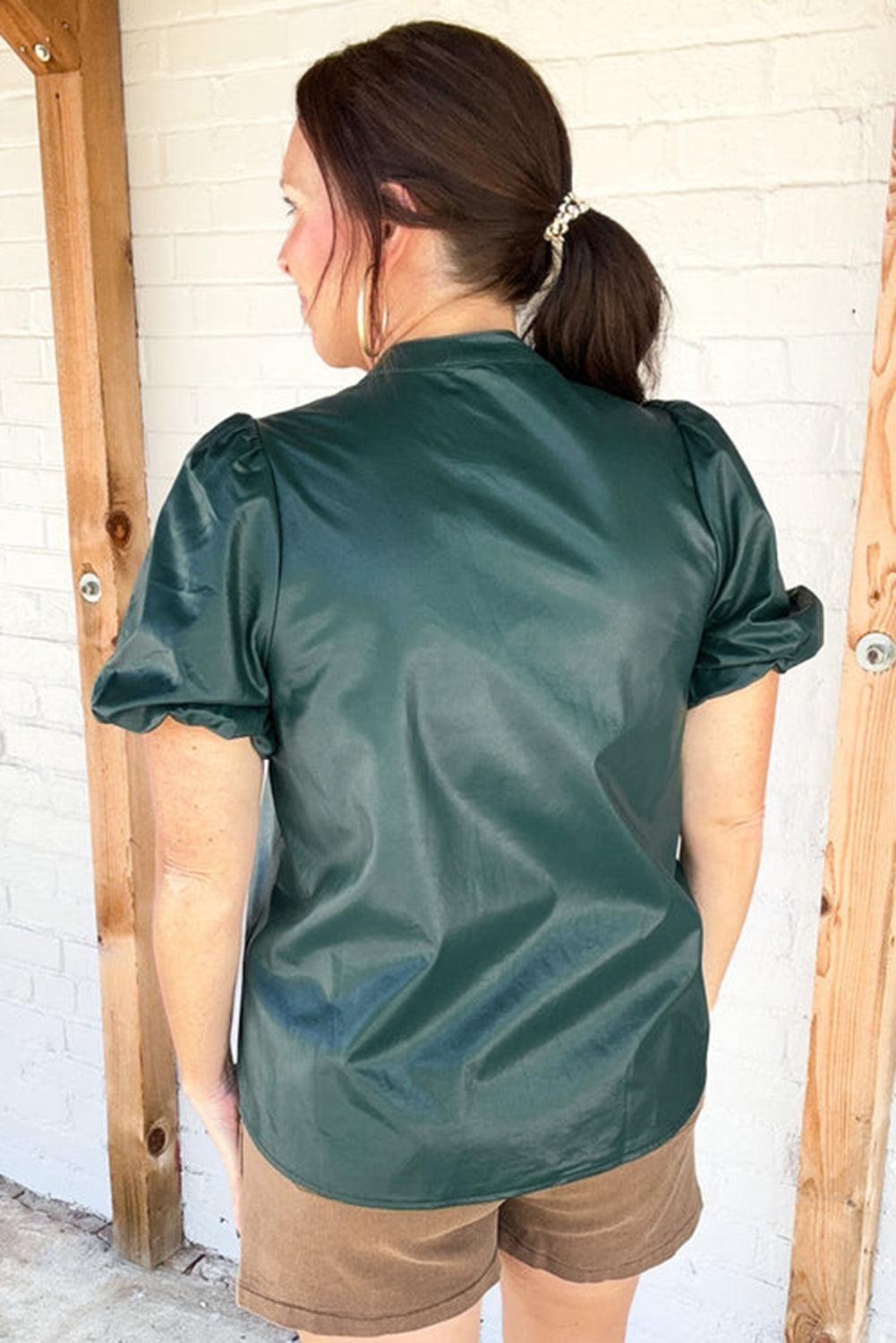 Pleather Hunter Green Puff Sleeve Blouse