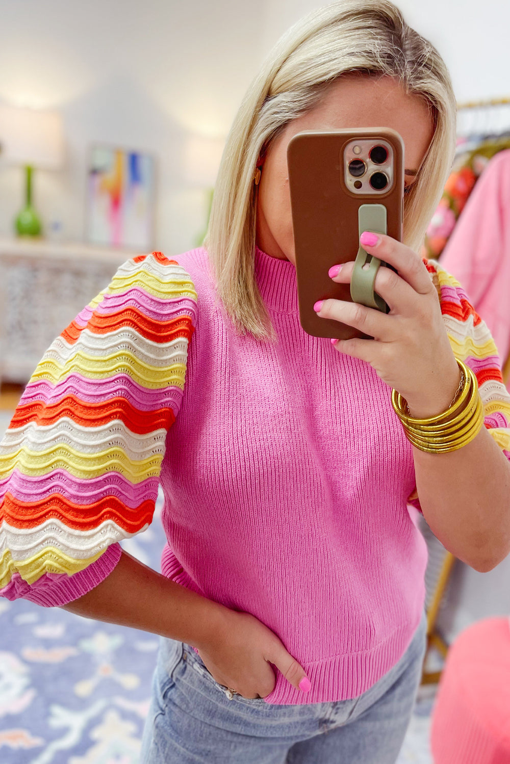 Pink Knit Multicolor Sweater Top