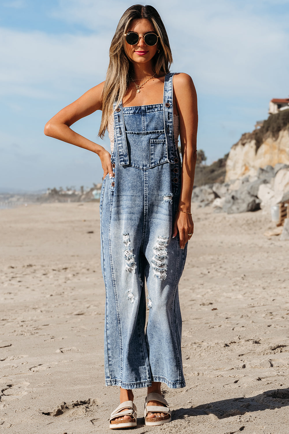  Distressed Wide Leg Denim Overalls