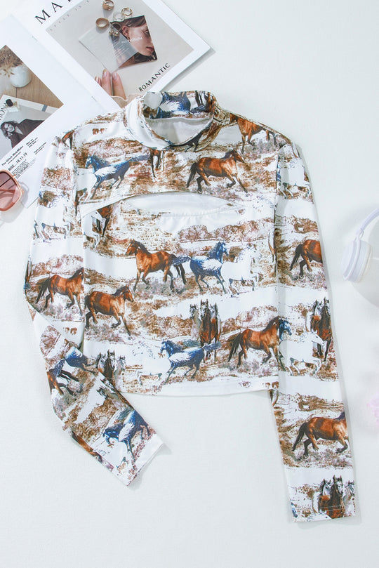  Western Wild Horses Print Hollow-out Long Sleeve Top