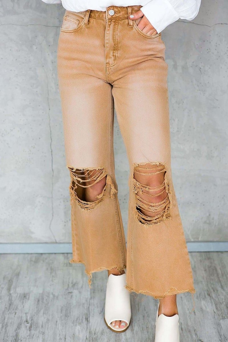 Caramel Distressed High Waist Cropped Flare Denim - Klazzi Fashion Boutique