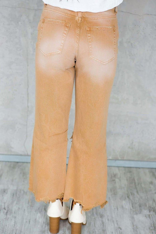 Caramel Distressed High Waist Cropped Flare Denim - Klazzi Fashion Boutique