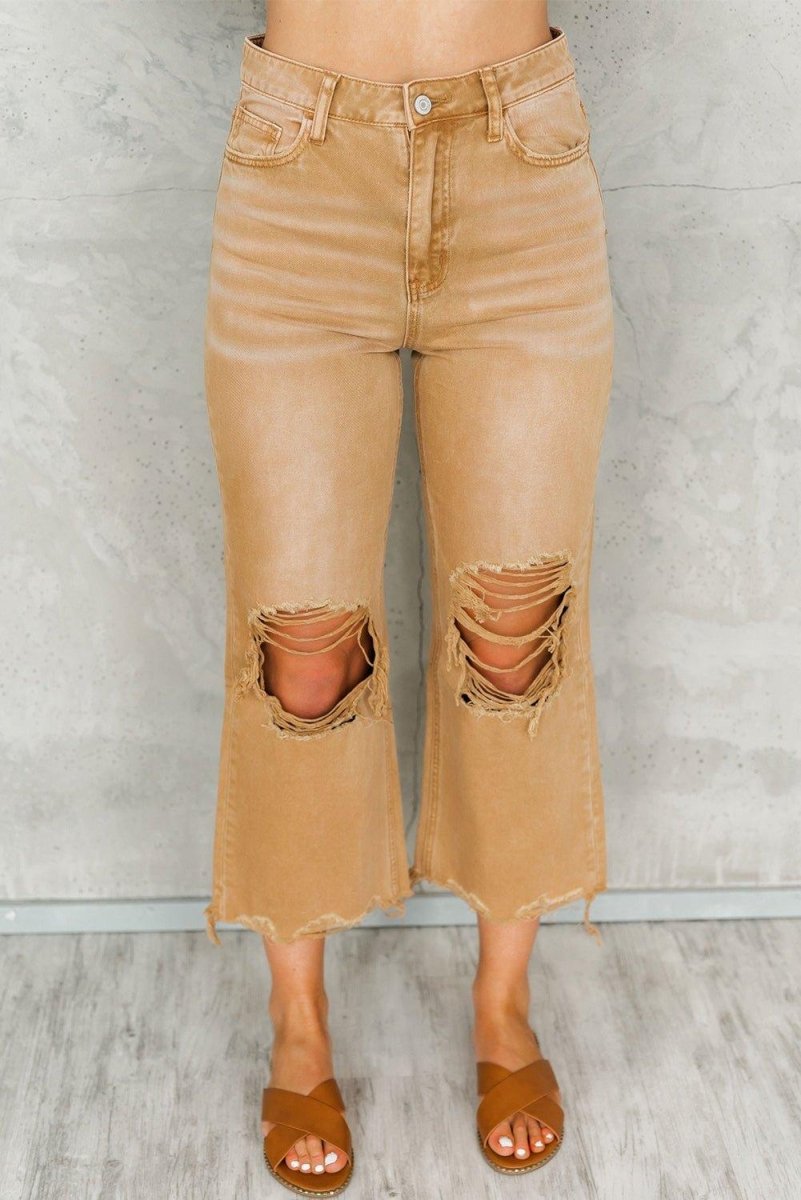 Caramel Distressed High Waist Cropped Flare Denim - Klazzi Fashion Boutique