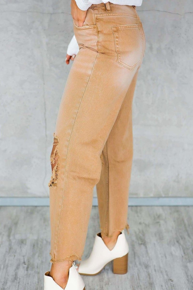 Caramel Distressed High Waist Cropped Flare Denim - Klazzi Fashion Boutique