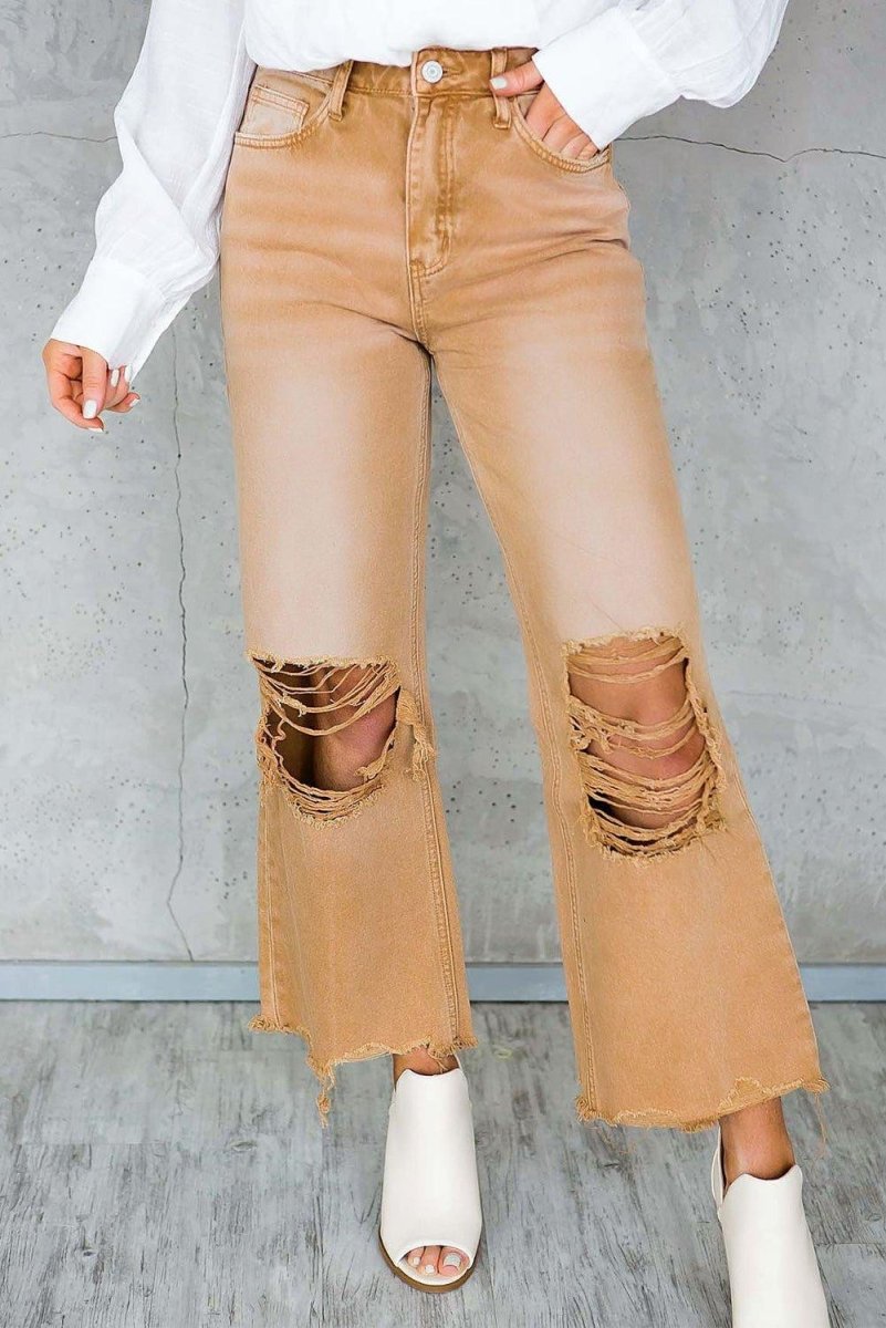 Caramel Distressed High Waist Cropped Flare Denim - Klazzi Fashion Boutique