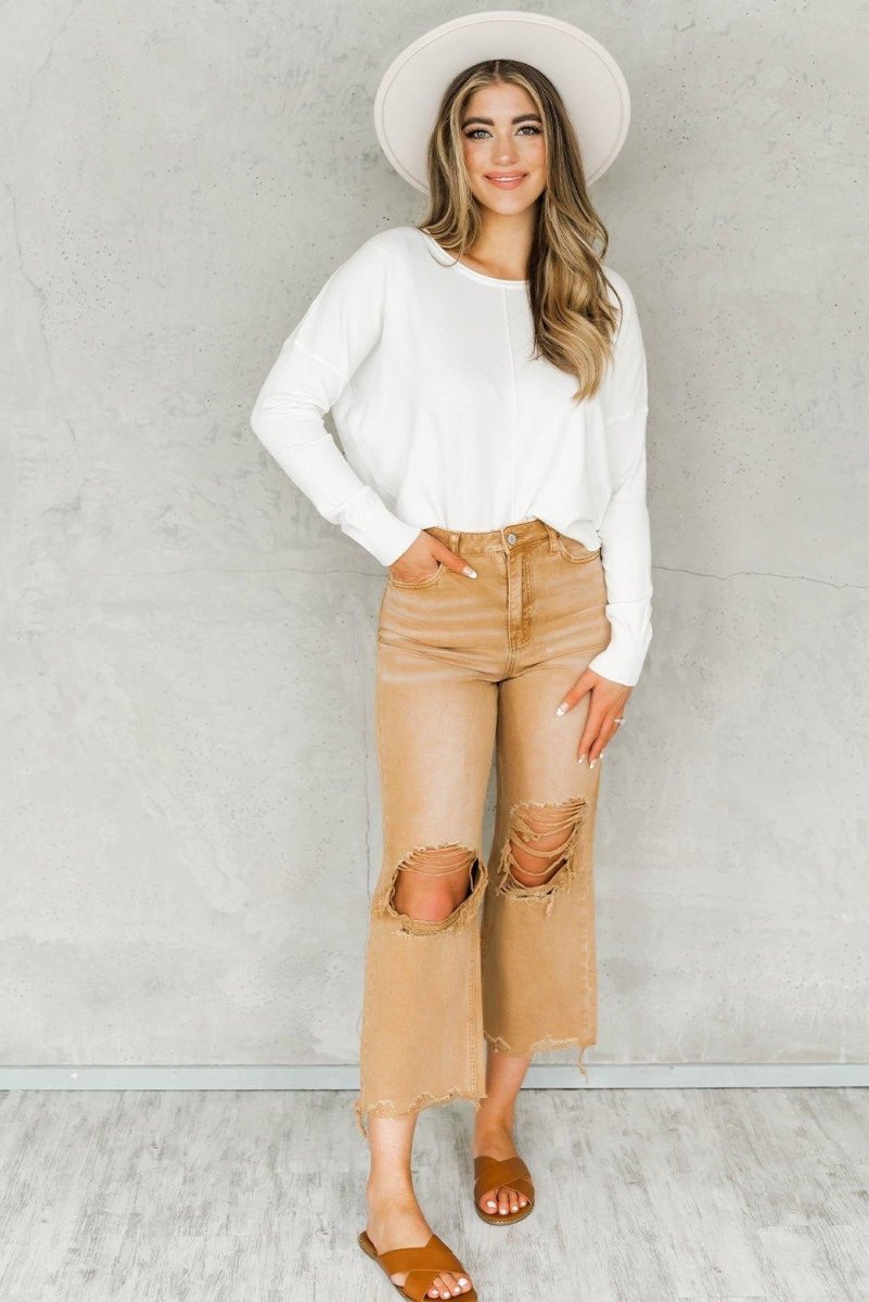 Caramel Distressed High Waist Cropped Flare Denim - Klazzi Fashion Boutique