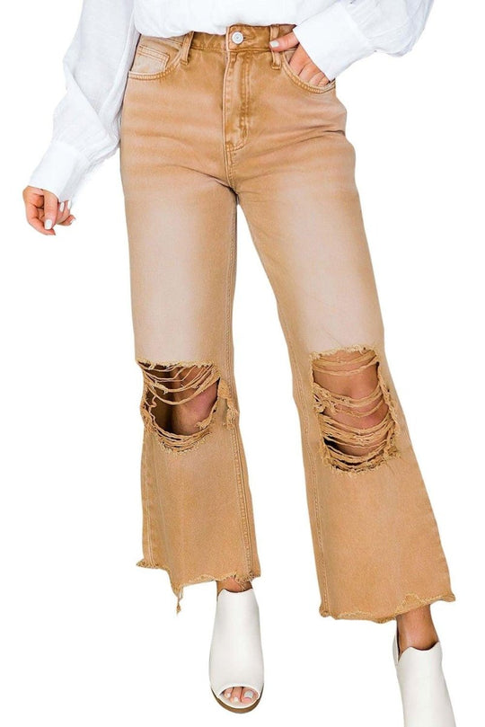 Caramel Distressed High Waist Cropped Flare Denim - Klazzi Fashion Boutique