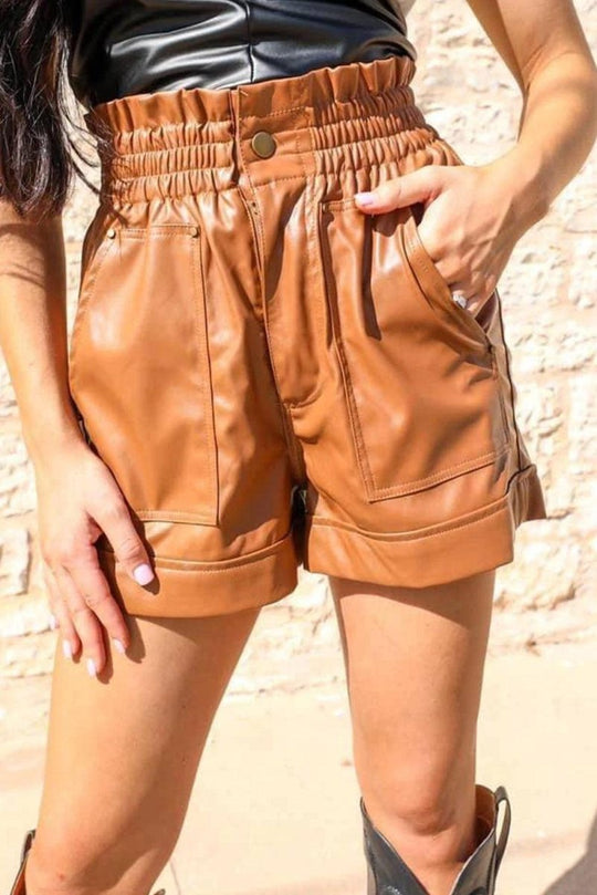 Caramel Leather High Rise Shorts - Klazzi Fashion Boutique