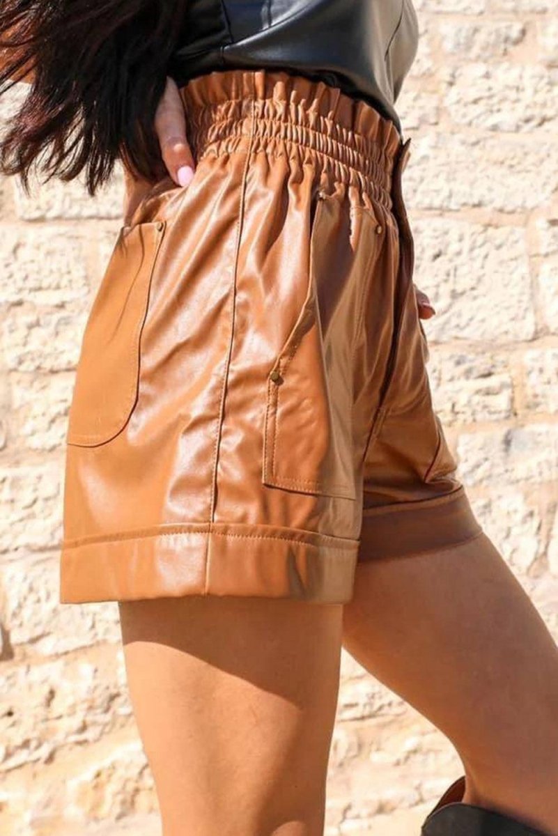 Caramel Leather High Rise Shorts - Klazzi Fashion Boutique