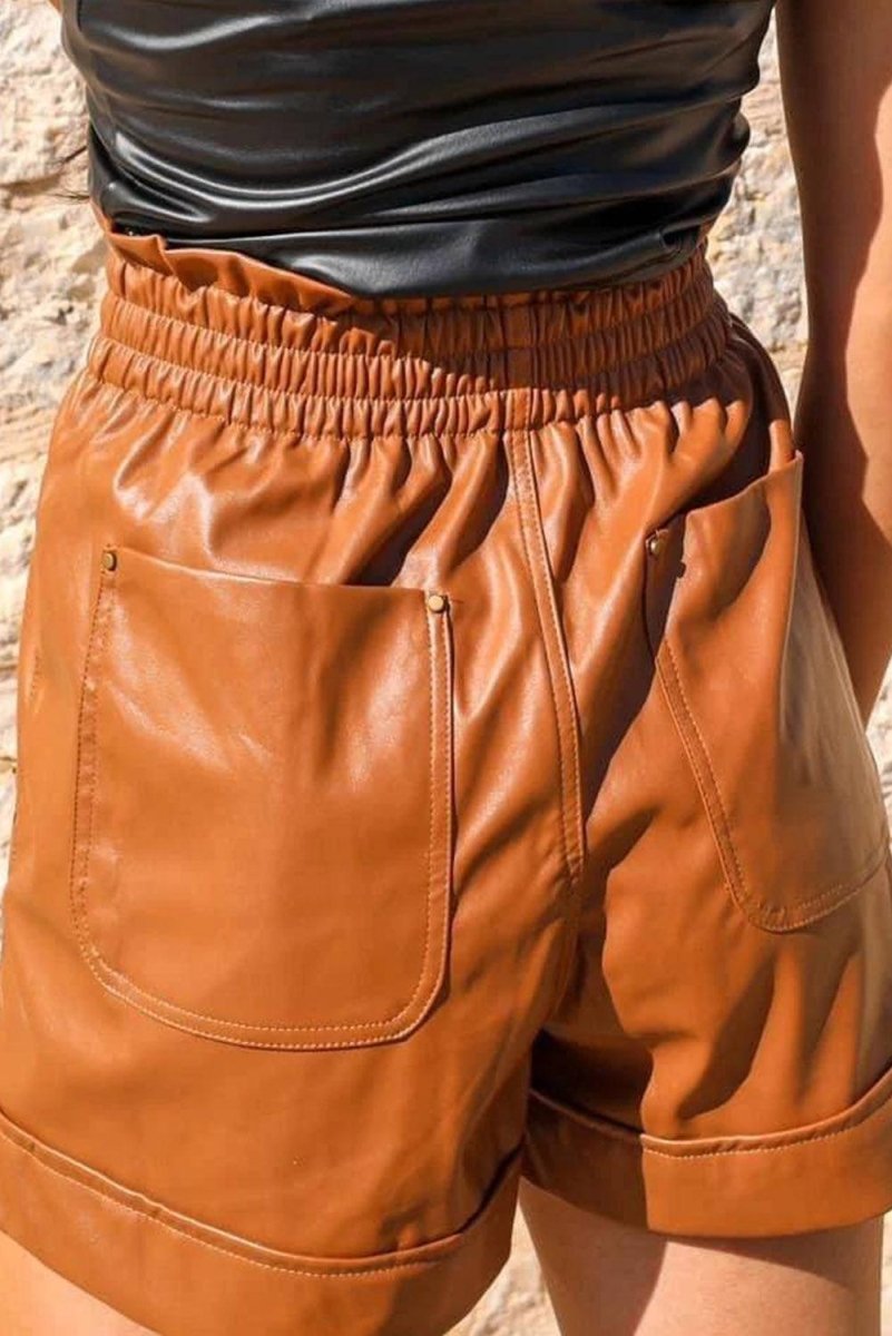 Caramel Leather High Rise Shorts - Klazzi Fashion Boutique