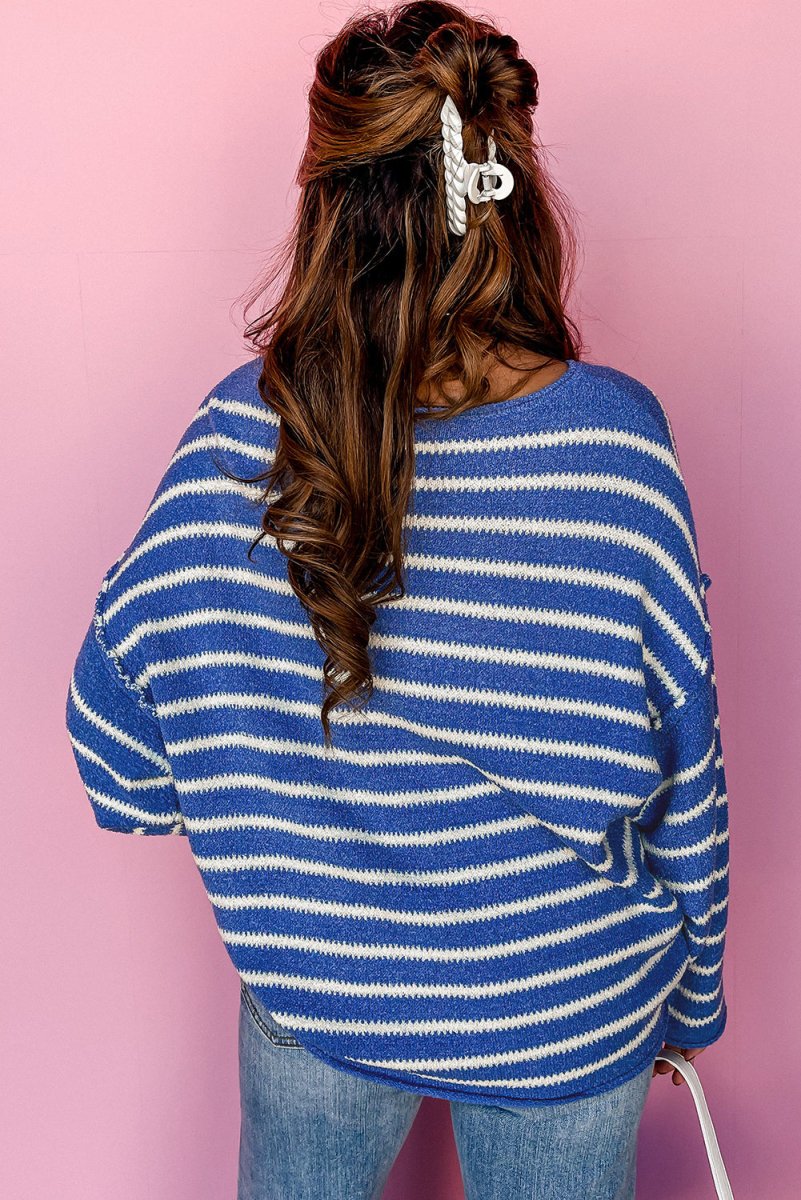 Casual Blue Stripe Drop Shoulder Sweater - Klazzi Fashion Boutique