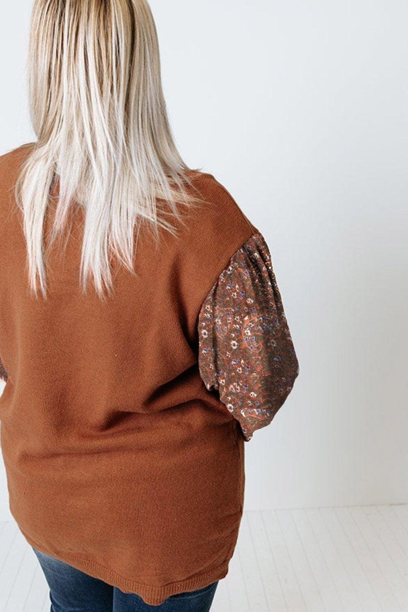 Casual Brown Floral Sleeve Plus Size Sweater - Klazzi Fashion Boutique