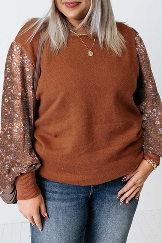 Casual Brown Floral Sleeve Plus Size Sweater - Klazzi Fashion Boutique