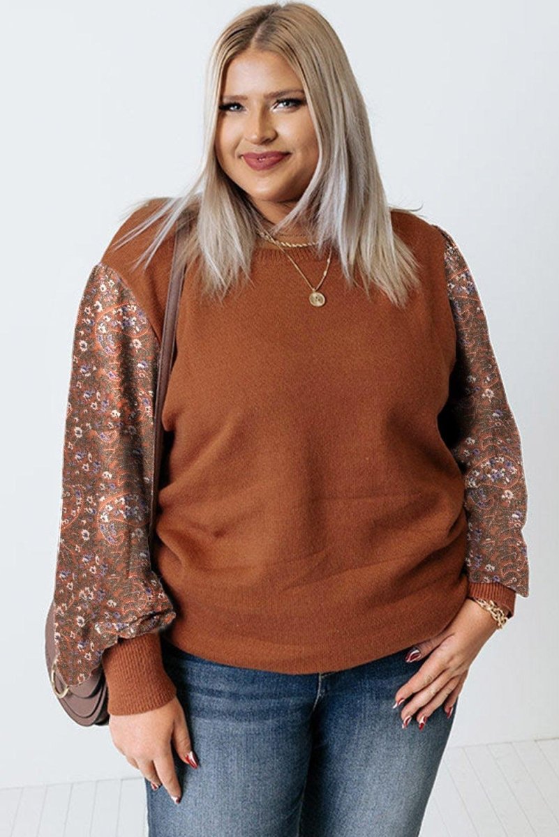 Casual Brown Floral Sleeve Plus Size Sweater - Klazzi Fashion Boutique