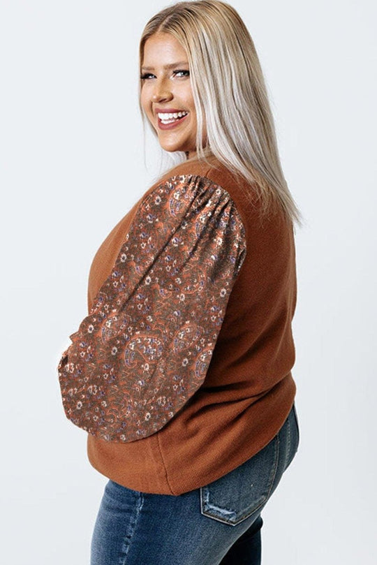 Casual Brown Floral Sleeve Plus Size Sweater - Klazzi Fashion Boutique