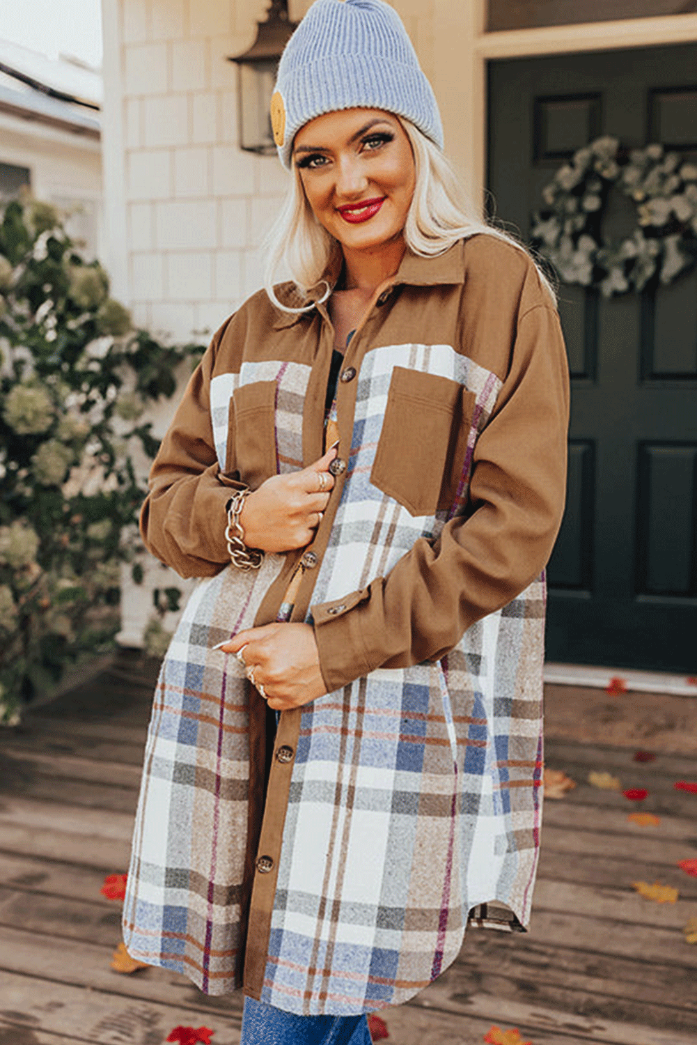  Plaid Camel Long Sleeve Shirt Mini Dress